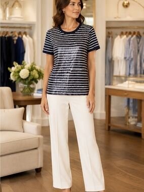 LAUREN RALPH LAUREN- Sequins Navy/White Striped Tee NWT